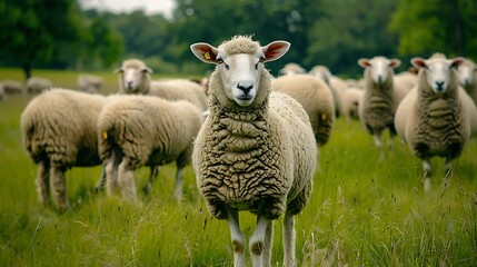 Fototapeta premium Flock of sheep is grazed on a pasture close up