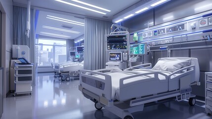 Hospital rooms feature advanced medical equipment and cutting-edge technology.
