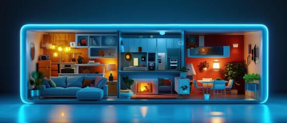 Modern Miniature Home, Detailed interior model with neon lights, Contemporary Design