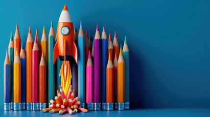 Rocket Pencil Launch, Colorful pencils with rocket in blue background, Creative Start