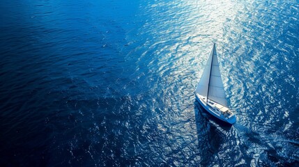 Sailboat navigating through deep blue ocean waters under bright sunlight. Theme of solitude, journey, and serenity at sea