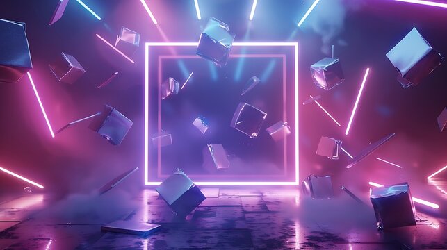 glass transparent frame with flying geometric shapes neon lighting background