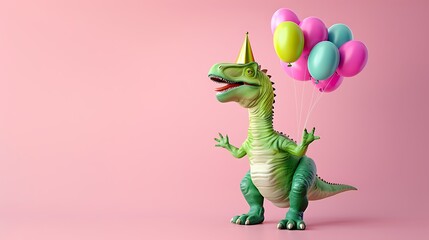 Naklejka premium Happy green dinosaur in party crown holding colorful balloons on pink background