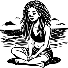 a girl with dreadlocks sitting on mthe beach