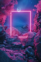 Fototapeta premium Rocky area with pink neon frame