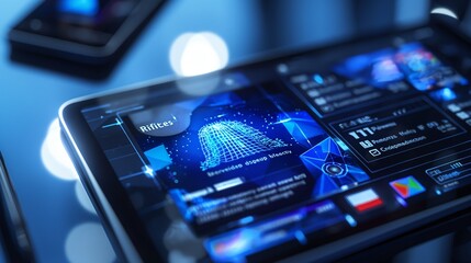 Obraz premium A digital ID card with biometric data encryption visible on a secure tablet display, used for authenticating identity in a digital environment.