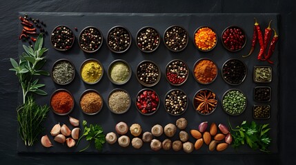 Fototapeta premium The organization of assorted culinary spices and herbs, neatly positioned in a flat lay on a dark slate background, depicted in a hyper-realistic photographic style.