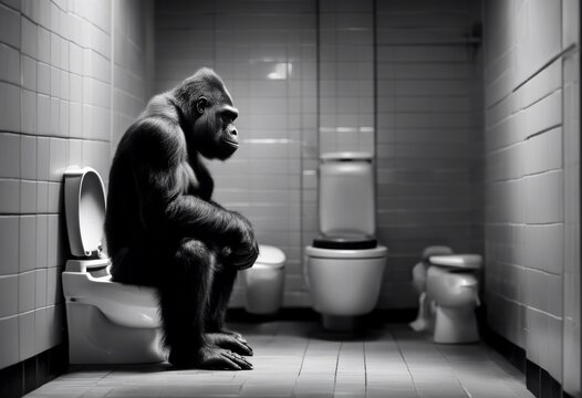 portrait of gorilla in bathroom primate restroom interior funny black toilet drawing art monkey safari wildlife poster 