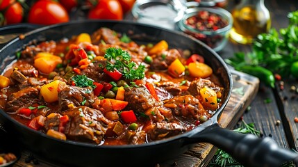 Fototapeta premium Homemade beef goulash or ragout with vegetables