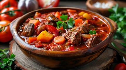 Homemade beef goulash or ragout with vegetables