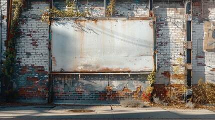 Abandoned brick building with a rusty, blank billboard. Concept of urban decay, forgotten spaces, and industrial past.