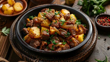 kyzdyrma tatar meat with potatoes and fried onions
