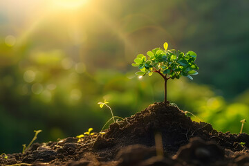 panorama small tree growing with sunrise green world and earth day concept