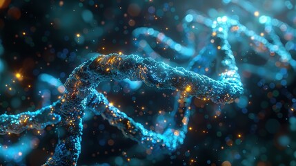 Obraz premium Close-up view of a glowing DNA strand, representing genetic research, biotechnology, and molecular biology in a futuristic, sci-fi style.