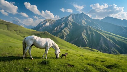 A white horse accompanied by a dog is grazing on a slope, with mountains in the background and blue sky above