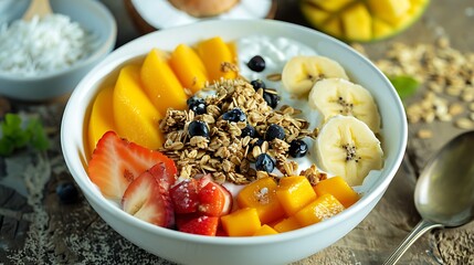 Tropical Freshness - Vibrant Fruit Bowl with Banana, Mango, Papaya, Coconut Yogurt, and Granola, High Contrast Healthy Eating Concept