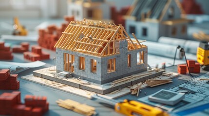 Detailed model of a house under construction with miniature building materials in a workshop. Concept of architecture, construction, and craftsmanship