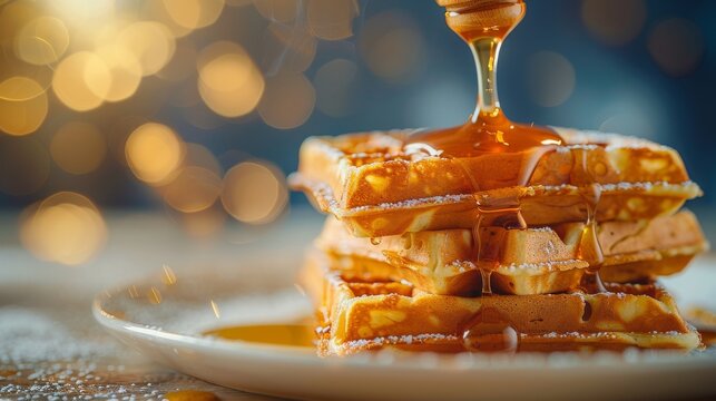 Golden Waffles Drizzled with Syrup