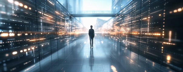 A time lapse of people walking in the data server room.