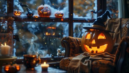 Obraz premium The window is decorated with colorful Halloween decorations and a cup of hot chocolate is next to it