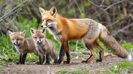 red fox mom and cubs