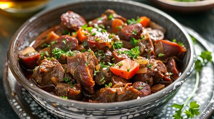 Fototapeta premium Stewed liver with chorizo sausage cooked at home