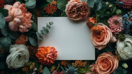 A beautiful and vibrant floral arrangement with a blank card in the center.
