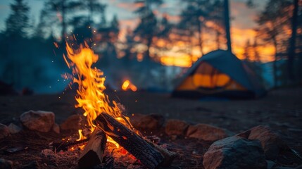 Vivid Bonfire by Secluded Campsite at Sunset