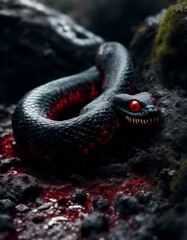 mouth snake six black crawls mutant remain slobbery disgusting drool dark reddening fangs sharp tunnel curved splattered 2d art vile bone basilisk slime bones creepy scale monster strewn red b