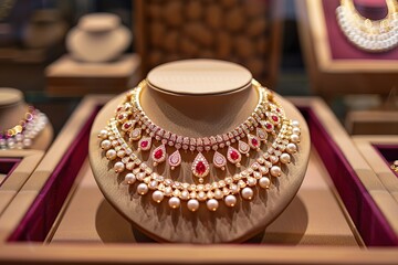 Fototapeta premium gold, jewelers display, necklace, gold necklace displayed, gold chain, wedding, ornament, diamond