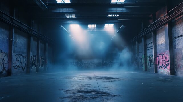 Abandoned Industrial Warehouse with Smoky Atmosphere