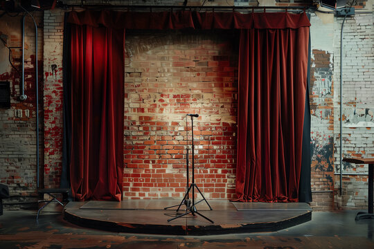 stage for open mic comedy, brick background with red curtains, stand up comedy show poster background, microphone shot from the back of comedian, with audience on the background