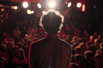 stand up comedy show poster background,  photo taken from the back of comedian, with audience on the background, funny and festive