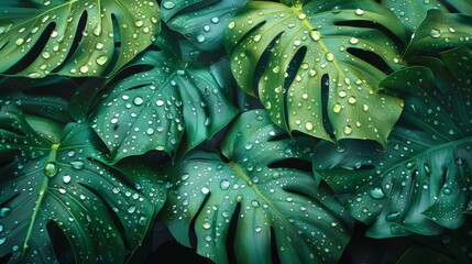 Fototapeta premium Close-up of lush, tropical monstera leaves with water droplets
