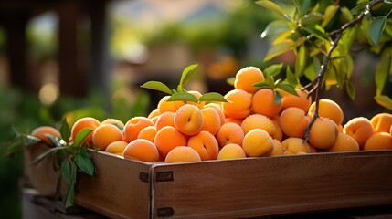 A wooden crate filled with ripe apricots, placed outdoors with green foliage in the background. The apricots are fresh and vibrant, showcasing their orange color and smooth texture.