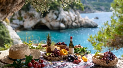 Picnic by the Sea with Delicious Food and Wine