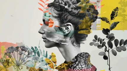 Portrait of a woman blended with plant motifs and geometric designs in an art collage, symbolizing contemporary eco-conscious practices
