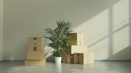Cardboard boxes and houseplants lay on the floor of the spare room. which symbolizes the process of moving