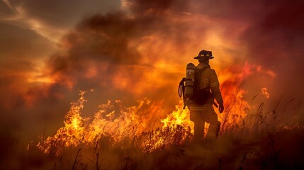 Fototapeta premium intense image of firefighter in front of wildfire flames capturing bravery