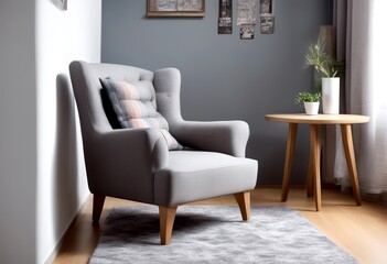 Fototapeta premium wooden carpet patterned wooden cushion decor pouf armchair grey interior photo sitting patterned yellow table grey pillow room bright white room small standing 