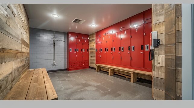 Modern locker room with red lockers and wooden benches. Concept of sports facility, team preparation, and athletic environment