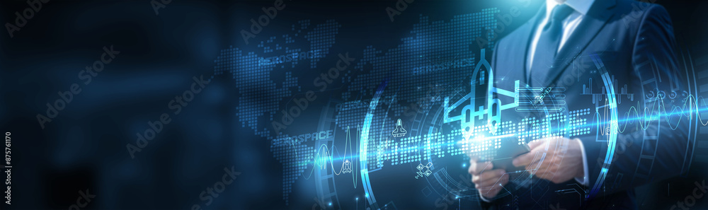 Poster a businessman using a tablet on a global network connection on aerospace data and development of inn