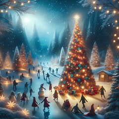 christmas tree in the night cartoon people celebrate in snowy ground