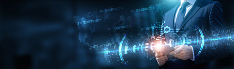 Businessman using tablet on global network connection on biotechnology and innovation with real-time data and development of biotechnological solutions. Technology and research evolve.