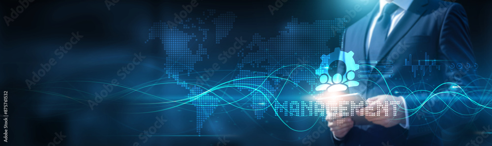 Aufkleber businessman using tablet on global network connection on management and development with data and te