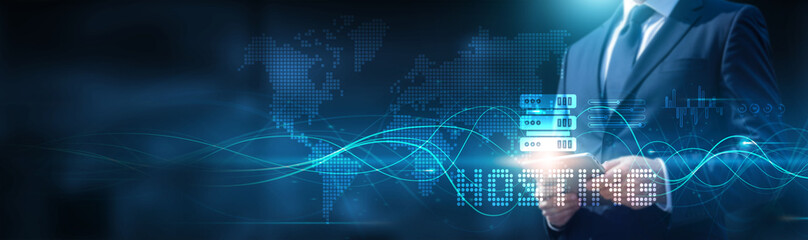 Businessman using tablet on global network connection on hosting and cloud computing with real-time data and development of software. Technology and innovation trends. Scalability and integration.