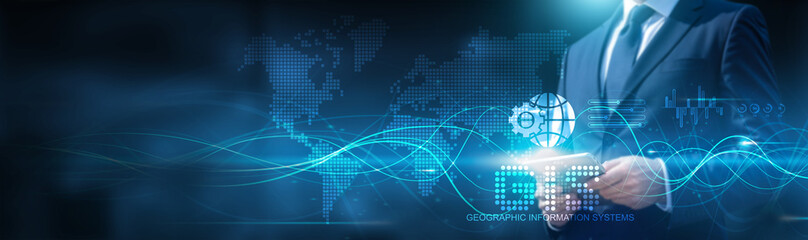 GIS. Businessman using tablet on geographic global network connection on information and systems...