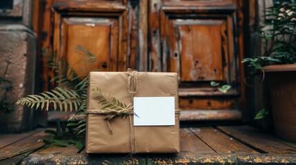 Minimalistic Wrapped Gift Box with Fern Leaves on Wooden Porch