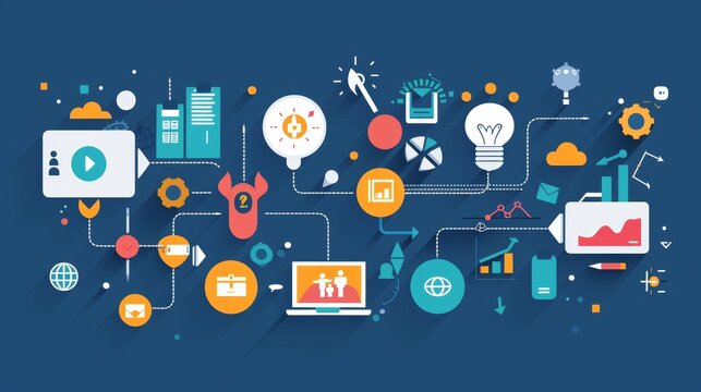 A flowchart with various icons and symbols, illustrating the process of business development from idea generation to market launch.