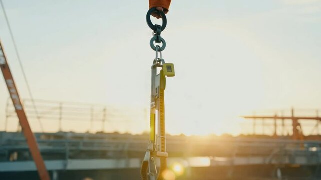 Working at height equipment. Fall arrestor device for workers with hooks for safety body harness on selective focus. Worker with a construction background